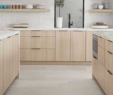 Japandi Kitchen White Cabinets, White Light Wood Kitchen, White Oak Flat Panel Kitchen Cabinets, Scandinavian Green Kitchen, Pale Wood Kitchen, Scandinavian Kitchen Cabinet, Scandinavian Kitchen Cabinets, White Kitchen Floor, Scandinavian Interior Kitchen