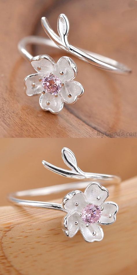 Fresh Pink Crystal Frosted Cherry Vivid Flower Branch Girl's Open Ring for big sale! #flower #ring #cherry #crystal #fresh Ladies Silver Rings, Rose Gold Promise Ring, Cherry Flower, Gold Diamond Wedding Band, Morganite Engagement Ring, Flower Branch, Rose Engagement Ring, Rings For Girls, Cute Rings