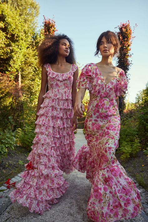 Pink summer dresses Gown Details, Kids Bridal, Ruffle Gown, Long Dress Design, Georgette Dress, Vintage Inspired Fashion, Floral Gown, Wedding Attire Guest, Pretty Prom Dresses