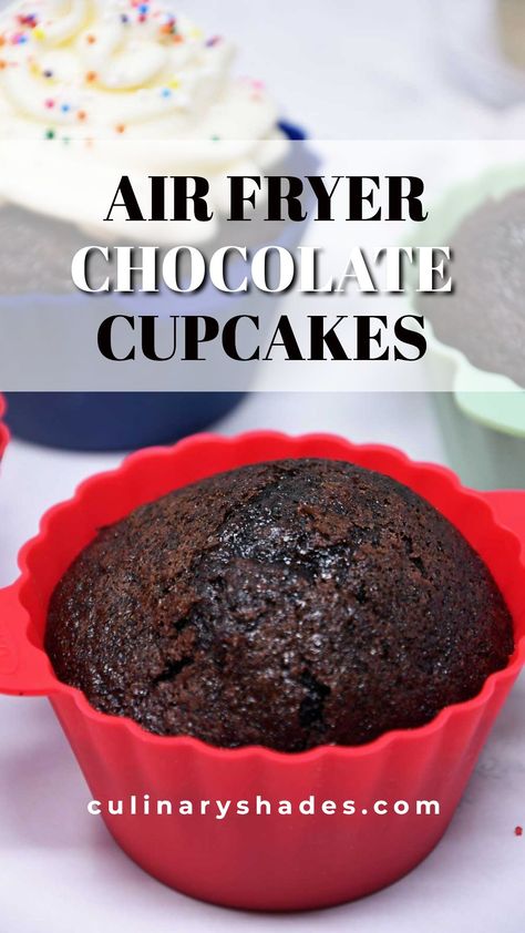 If you love chocolate cupcakes then you will enjoy this quick and easy recipe. These eggless cupcakes made in air fryer are perfect to satisfy your sweet tooth, celebrate a birthday party, or to make for any special event. They are absolutely irresistible! Air Fryer Cupcake, Air Fryer Cupcakes, Eggless Cupcakes, Air Fryer Cake Recipes, Dairy Free Cupcakes, Healthy Cupcakes, Simple Desserts, Easy Cupcake Recipes, Chocolate Cake Recipe Easy