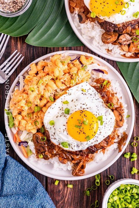 Loco Moco - Taste of the Frontier Rice And Eggs, Cookie Dough Pie, Breakfast Donuts, Hawaiian Dishes, Diy Dish, Edible Cookies, Edible Cookie Dough, Mushroom Gravy, Hamburger Patties