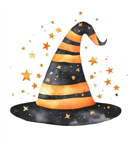 ↑↑↑ Larger size on website 🔸 The image is a watercolor painting of a witch's hat. The hat is black with orange stripes, and it is Witch Hat Watercolor, Witch Hat Painting, Witch Hat Illustration, Witchy Watercolor, Ghost With Witch Hat, Cat With Witch Hat, Whimsical Watercolor, Witch Broom, Halloween Cards