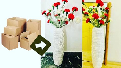 Cardboard making big flower vase making at home very easy Diy Floor Vase, Big Flower Vase, Big Floor Vases, Cardboard Vase, Floor Standing Vase, Vase Making, Flower Vase Making, Last Minute Birthday Gifts, Big Vases