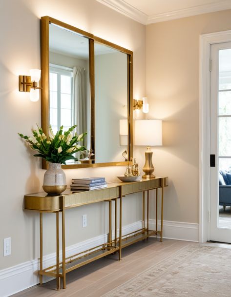 47 Foyer Ideas To Elevate Your Home’s Entrance With Style And Functionality Gold Hallway Decor, Foyer Ideas Entryway Mirrors, Double Staircase Foyer, Front Foyer Ideas Entryway, U Shaped Staircase, Foyer Office, Foyer Ideas Entryway, Double Staircase, Large Foyer