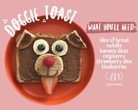 Animal Toast (4 ways!) - Fork and Beans Animal Cookie, Cute Toast Ideas, Cute Animal Food Snacks Ideas, Toast Animals, Animal Toast, Bluey Shaped Toast, Fun Sandwiches For Kids, Silly Animal Toast, Preschool Cooking