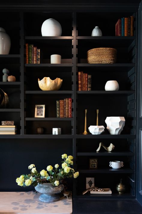 Black And Blue Bookshelf, Moody Bookshelf, Black Bookshelf Styling, Dark Bookshelves, Builtin Bookshelves, Basement Den, Blue Bookshelves, Black Bookshelf, Painted Bookshelves