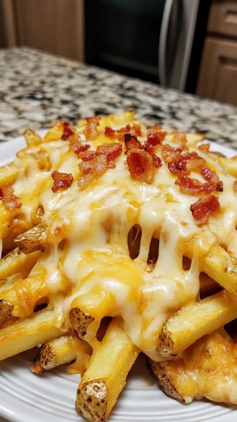 Loaded Bacon Cheese Fries Recipe: A Delicious Treat Loaded Bacon Cheese Fries, Loaded French Fries Recipe, Queso Fries, Loaded Fries Recipe, Cheese Fries Recipe, Applebees Copycat Recipes, Beer Battered Fries, Bacon Cheese Fries, Easy Fast Recipes