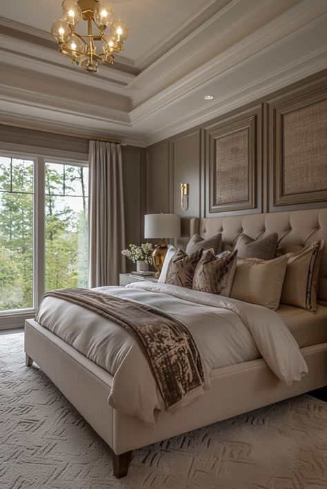 Silver Bed Frame Bedroom Ideas, Modern Luxury Bedroom Master Suite, Classic Bedroom Ideas, Beige Bedroom Ideas, Taupe Bedroom, Luxe Bed, Restful Bedrooms, Bedroom Frames, Personalized Bedroom