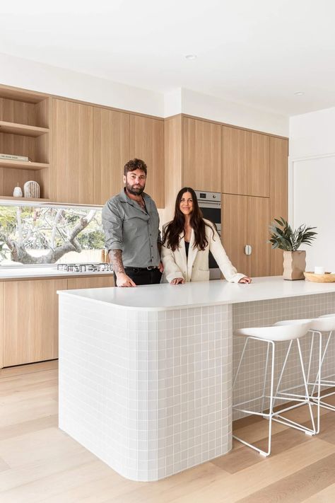 Carmichael Build Embraces Coastal Home Design In Modern Duplex Basking In Sunlight | Behind the Design | ABI Interiors Kitchen Island Tiles, Kitchen Island Tile Ideas, Modern Coastal Kitchen Design, Tiled Kitchen Island, Tile Kitchen Island, Tiled Island, Tile Island, Coastal Boho Kitchen, Coastal Home Design