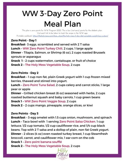 Weight Watchers 3 Day Zero Point Meal Plan Printable - The Holy Mess Weight Watcher Snacks, Weight Watchers Food Points, Weight Watchers Menu, Meal Plan Printable, Weigh Watchers, Weight Watchers Program, Weight Watchers Plan, Weight Watchers Tips, Weight Watchers Meal Plans