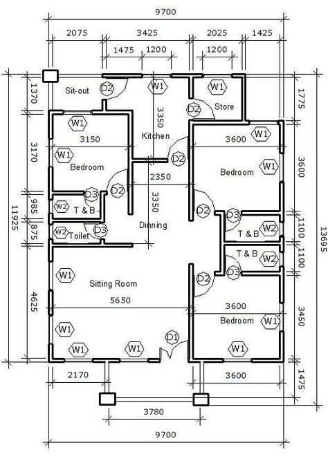 Flat Floor Plan, Flat House Design, Bungalow House Floor Plans, Four Bedroom House Plans, Modern Bungalow House Plans, Drawing House Plans, 2bhk House Plan, Three Bedroom House Plan, Bungalow Flooring