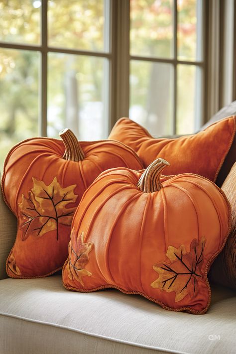 Pumpkin pillows with leaf details add a cozy fall decor touch to a living room couch. Perfect fall throw pillows for a warm and inviting look. Thanksgiving Pillows Diy, Autumn Indoor Decor, Autumn Cushions, Autumn Decorations Indoor, Autumn Planters, Pumpkin Cushion, Harvest Pillows, Embroidery Cases, Thanksgiving Pillows