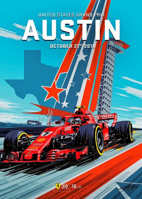 2018 USGP - Scuderia Ferrari poster for the United States Grand Prix at the Circuit of the Americas in Austin, Texas features Kimi Räikkönen powering his Ferrari SF71H past the tower on the Texas circuit. Artwork by Valerio Schiti - #F1 #Formula1 #USGP #ScuderiaFerrari #SF71H #KimiRäikkönen #Kimi7 #ForzaFerrari #CircuitOfTheAmericas #Austin #Poster #Affiche Vintage Racing Poster, Grand Prix Posters, Race Car Driving, United States Grand Prix, Red Race, Ferrari Poster, Auto Vintage, Motorsport Art, Circuit Of The Americas