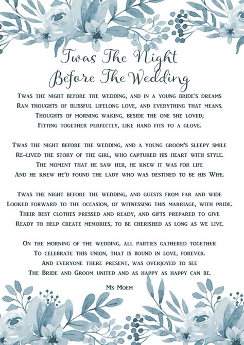 Twas The Night Before The Wedding - a wedding poem by English poet Ms Moem @msmoem Planning A Wedding Quotes, Night Before Wedding Quotes, Night Before Wedding With Bridesmaids, Wedding Poems For Ceremony, Wedding Poems Reading, Wedding Card Verses, The Night Before Wedding, Wedding Vows Quotes, Night Before The Wedding