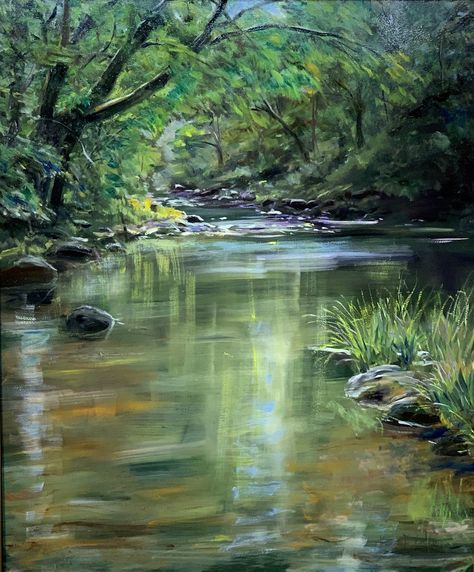 Pond Painting, Rocky River, River Painting, Woodland Art, Rocky Shore, River Art, Landscape Art Painting, Scene Art, Rural Landscape