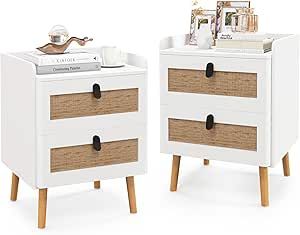 Giantex Rattan Nightstand Set of 2, Boho Side Table with 2 Rattan Drawers & 4 Solid Wood Legs, Modern End Table with Storage, Wood Bedside Tables Night Stands for Small Spaces Bedroom, White Elegant Nightstand, Rattan Drawers, Boho Side Table, Nightstand Set Of 2, Side Table With Drawer, Small Space Bedroom, Wood Bedside Table, Table For Small Space, Modern End Tables