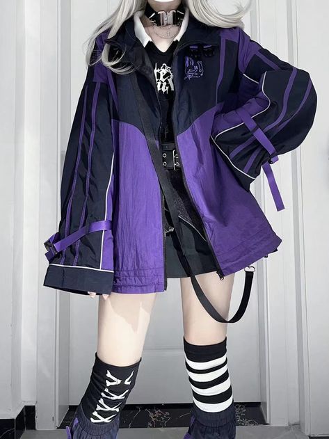 This price is for a jacket only.   	 		 			Size 			S 			L 		 		 			Bust 			134 			140 		 		 			Full Length 			69 			74 		 		 			Sleeve Length 			53 			55 		 		 			Shoulders 			69 			71 Urban Cyberpunk Fashion, Colorful Gothic Fashion, Wind Breaker Outfit Aesthetic, Kawaii Cyberpunk Outfits, Black And Purple Clothes, Spacepunk Outfit, Graffiti Outfit Ideas, Hands In Jacket Pockets Pose, Casual Cyberpunk Outfit