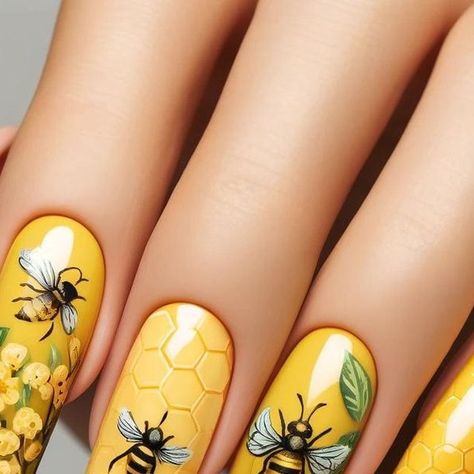 Tamara Margaryan on Instagram: "Elegant bee-themed nail art with yellow stiletto nails, honeycomb Elegant Bee-Themed Nail Art: A Touch of Nature's Beauty  patterns, and bees on flowers. Nature's beauty is at your fingertips.  #beenailart #elegantmanicure💅  #natureinspirednails #yellownailideas  #intricatenaildesigns" Nails Winter Snowflake, Yellow Stiletto Nails, Acrylic Nails Marble, Bee Nail Designs, Bees On Flowers, Bee Nail Art, Bumble Bee Nails, Vintage Nail Art, Press On Nails Blue