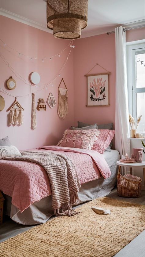 Cute Pink Room Makeover: Transform Your Space with Cozy Bedroom Ideas - DownsizeGeek Pink Room Makeover, Cozy Pink Room, Cute Pink Room, Pink Boho Bedroom, Bed Against Wall, Teen Bed, Cozy Bedroom Ideas, Cozy Room Decor, Boho Room