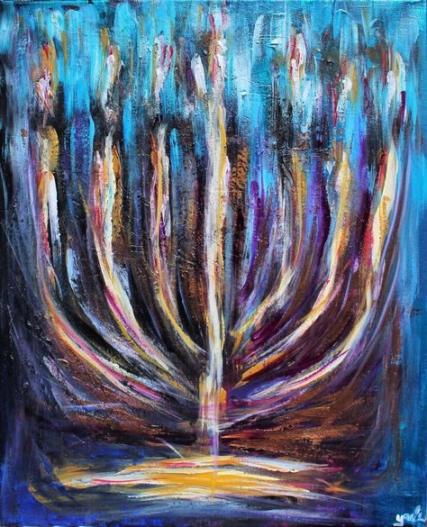 Hanukkah Paintings, How To Draw A Menorah, Menorah Painting, Menorah Art, Jewish Paintings, Judaism Art, Hannukah Decorations, Judaica Paintings, Jewish Mezuzah