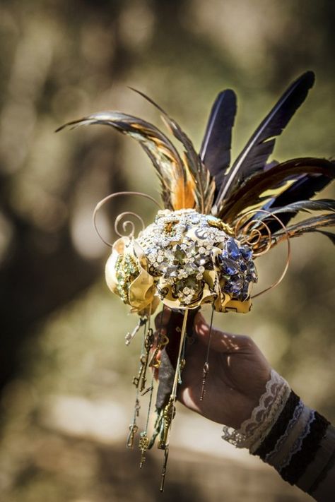 Christine & Brian's nature-inspired steampunk wedding | Offbeat Bride Steampunk Flowers, Victorian Wedding Themes, Game Of Thrones Cake, Hot Air Balloon Centerpieces, Alternative Wedding Bouquet, Pirate Wedding, Steampunk Party, Indian Museum, Steampunk Dress