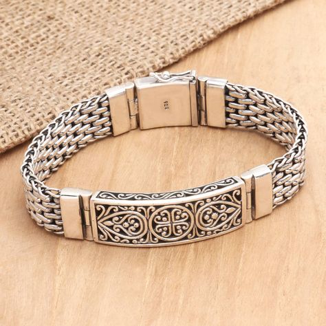 [AffiliateLink] This Handsome Pendant Bracelet For Men Is The Original Creation Of Balinese Artisan Komang Suastra. The Bracelet Is Crafted From Sterling Silver With An Ornate Pendant And A Box Clasp. #mensjewelrybraceletsilver Sterling Silver Bracelets For Men, Breslet For Man, Silver Breslate For Men, Breslet Design, Men’s Bracelet, Silver Jewelry Men, Mens Jewelry Bracelet Silver, Men Hip Hop Fashion, Silver Bracelets For Men