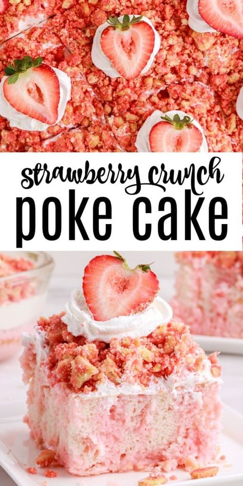 Strawberry Condensed Milk Dessert, Strawberry Oreo Cake, Picnic Dessert Ideas, Strawberry Crunch Poke Cake, Strawberry Crunch Cake Recipe, Large Desserts, Strawberry Crumb Cake, Spring Dessert Recipes, Milk Gelatin