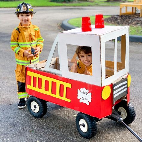 Diy Firetruck Cardboard, Diy Firefighter Costume, Diy Fireman Costumes, Teaching Colors To Toddlers, Wagon Halloween Costumes, Wagon Costume, Fireman Costume, Make A Fire, Hand Muscles