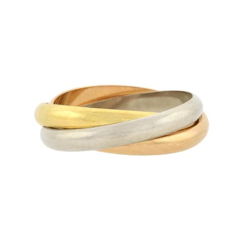 This Cartier Estate tri-color gold Trinity ring (also known as a "Rolling ring") is absolutely gorgeous! Crafted of vibrant mixed metals, the piece is formed by three interlocking bands, which together create one fabulous ring. Each band has a simple design made of smooth gold, depicted in three colors: pink for love, Gold Trinity Ring, Rolling Ring, Trinity Ring, Georgian Era, Rose Gold Band, Mixed Metals, Three Color, Tri Color, Estate Jewelry