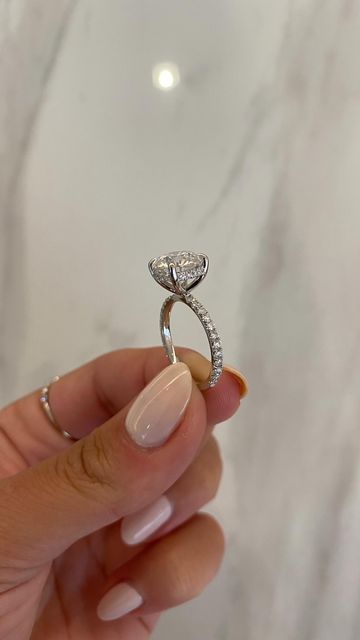 Engagement Ring With Halo Underneath, Round Brilliant Engagement Rings Hidden Halo, Round Hidden Halo Ring, Silver Hidden Halo Engagement Ring, Hidden Halo Pave Engagement Ring, Silver Engagement Rings Hidden Halo, Round Engagement Ring Pave Band, Round Diamond With Hidden Halo, Round Diamond Hidden Halo