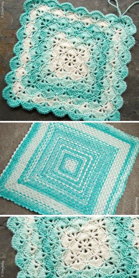 Classic shells are worked from the center to make lovely baby blanket. Ombre yarn will be perfect for this project! design by Lahoma Jayne Nally, this version and photo by GreyFrog #shellstitch #crochetstitch #crochetblanket #freecrochetpattern Crochet Shell Blanket, Granny Square Häkelanleitung, Crocheted Afghans, Baby Afghan Crochet Patterns, Crochet Square Blanket, Crochet Baby Blanket Free Pattern, Easy Crochet Baby, Baby Afghan Crochet, Crochet Patterns Free Blanket