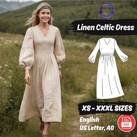 PatternsMod - Etsy Linen Clothes Sewing Patterns, Celtic Dress Pattern, Bishop Sleeve Dress Pattern, Linen Wrap Dress Sewing Pattern, Womens Dress Sewing Pattern, Tea Dress Pattern, Maxi Dress Sewing Pattern, Maxi Dress Sewing, Linen Summer Outfits