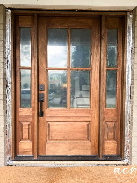 Walnut Stained Front Door & Home Update - Artsy Chicks Rule® Front Door Transom And Sidelights, Walnut Stained Front Door, Light Wood Front Door, Rustic Front Doors, Front Door Cabin, Craftsman Style Front Doors, Stained Front Door, Mahogany Door, Mahogany Entry Doors