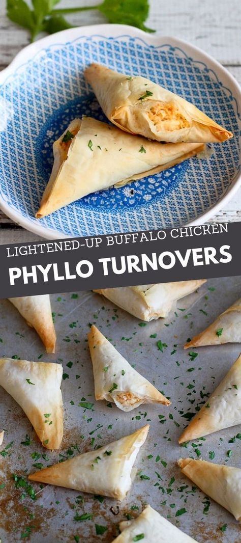 Phyllo turnovers stuffed with buffalo chicken, on small blue plate and baking sheet. Phyllo Dough Appetizers, Phyllo Turnovers, Chicken Phyllo, Super Bowl Cookies, Phyllo Dough Recipes, Healthy Superbowl, Turnover Recipes, Yummy Chicken, Football Party Food