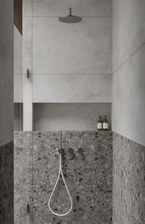 Andrey Sanko on Behance Pale Grey Bathroom, Spa In Casa, Grey Bathroom Ideas, Terrazzo Bathroom, Grey Bathrooms Designs, Bathroom Grey, Bathroom Interior Design Modern, Grey Interior Design, Restroom Design