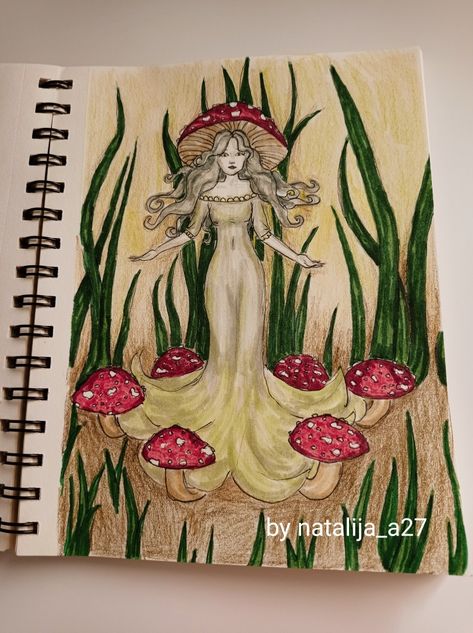 Mushroom fairy, marker drawing, colour pencil drawing Mushroom Fairy Art Drawing, Fairy Mushroom Painting, Fairy Core Paintings Easy, Easy Fairycore Drawings, Fairy Core Art Drawing, Drawing Ideas Fairy Core, Mushroom Fairy Painting, Mushroom Fairy Drawing, Fairy Core Drawing