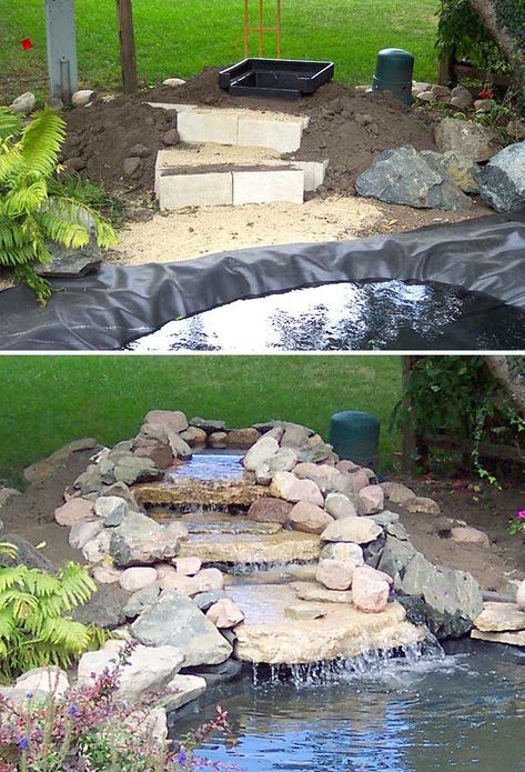 DIY Garden Waterfall Projects • The Garden Glove Diy Ponds Backyard, Diy Waterfall, Kolam Koi, Taman Air, Garden Pond Design, Diy Pond, Garden Waterfall, Pond Waterfall, Pond Landscaping