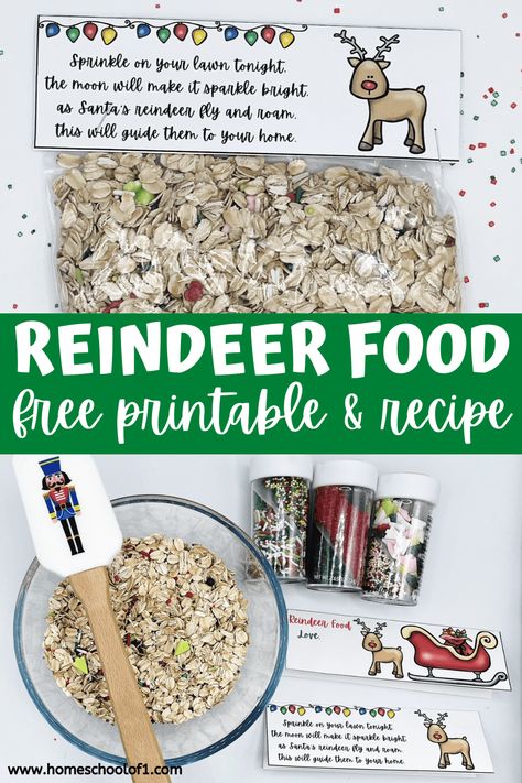 Add magic to Christmas Eve night with our free reindeer food printable! Let kids create a special mix of oats and edible glitter to leave out for Santa's reindeer. This magical food sparkles so reindeer can see it from above. Perfect for your Christmas Eve box or as a fun December activity. Download the reindeer food poem and bag topper to make it extra special. #ChristmasEve #ReindeerFood Reindeer Food Recipe Kids How To Make, Reindeer Food For Christmas, Rain Deer Food For Kids, Magical Reindeer Food, Reindeer Food Recipe Printable, Reindeer Food Recipe Kids, Free Reindeer Printables, Christmas Eve Ideas For Kids, Reindeer Food Printable Free