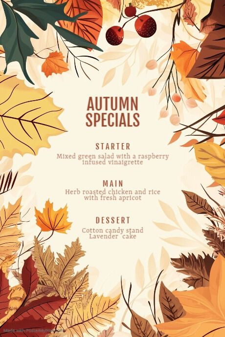 Design created with PosterMyWall Seasonal Menu Design, Fall Menu, Kindle Book Cover, Restaurant Flyer, Etsy Banner, Campaign Posters, Blog Header, Facebook Event, Sale Flyer