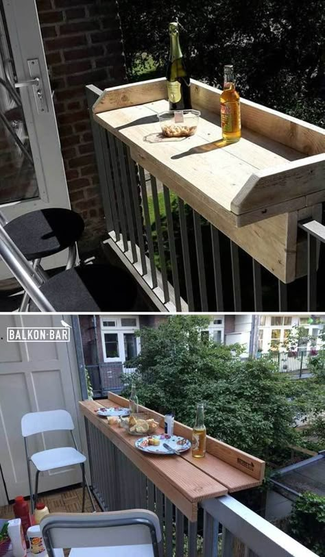 Tray for deck railing. Small deck ideas. Patio. Small patios. Storage. Space saver #ad Balcon Mic, Apartemen Studio, Diy Balcony, Balcony Bar, Real Estat, Lan Can, Diy Yard, Small Outdoor Spaces, Diy Tips