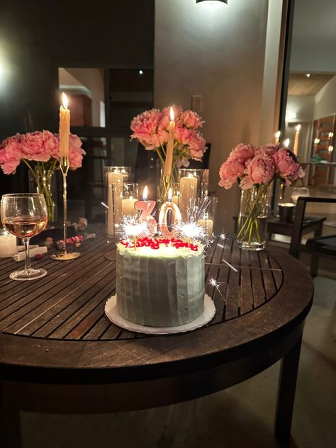 30th birthday susie cakes, pink peonies, long pink candles and gold candle holder dinner party Classy 30th Birthday Party, Cakes Pink, Susie Cakes, Gold Candle Holder, 39th Birthday, Birthday Aesthetic, Gold Candle, 30th Bday, Gold Candle Holders