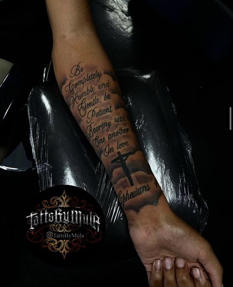 God Loving Tattoos, Tattoo Ideas For Men Upper Arm Bible Verse, Men Faith Tattoos, God Tattoos For Men Shoulder, Tattoo Designs Men Bible Verse, Tattoo Ideas For Men Forearm God, Masculine Arm Tattoos, Forearm Scripture Tattoo Men, God Arm Tattoos For Women