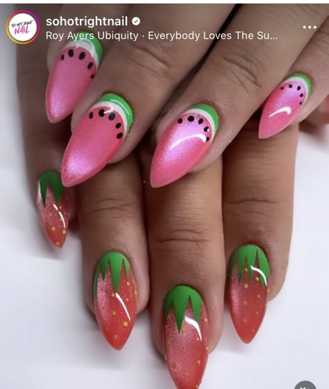 Fruity Nails, Watermelon Nail Designs, Watermelon Nail, Watermelon Nail Art, Fruit Nails, Watermelon Nails, Sassy Nails, Nail Art Designs Diy, Cute Acrylic Nail Designs