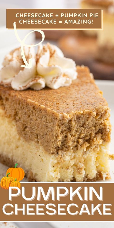 This Pumpkin Cheesecake is a must-make Fall and Thanksgiving dessert! With a brown sugar graham cracker crust, filled with two layers of cheesecake and pumpkin cheesecake, all you need is a dollop of whipped cream for the best pumpkin dessert recipe. It's like a cheesecake + pumpkin pie. Two desserts in one! Pumpkin Pie Spice Cheesecake Enchiladas, Pumpkin Cheesecake Loaf Recipe, Pumpkin Cheesecake Cake Recipe, Pumpkin Cream Cheese Cheesecake, Triple Layer Pumpkin Cheesecake, Two Layer Pumpkin Cheesecake, Pumpkin Streusel Cheesecake, 3 Layer Pumpkin Pie, Pumpkin Cheesecake Layered