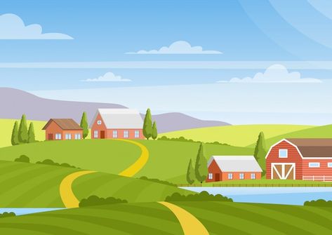 Family Tree Art, Beautiful Countryside, Countryside Landscape, Farm Houses, Forest Background, Green Hills, Blue Sky Background, Rural Scenes, Landscape Background