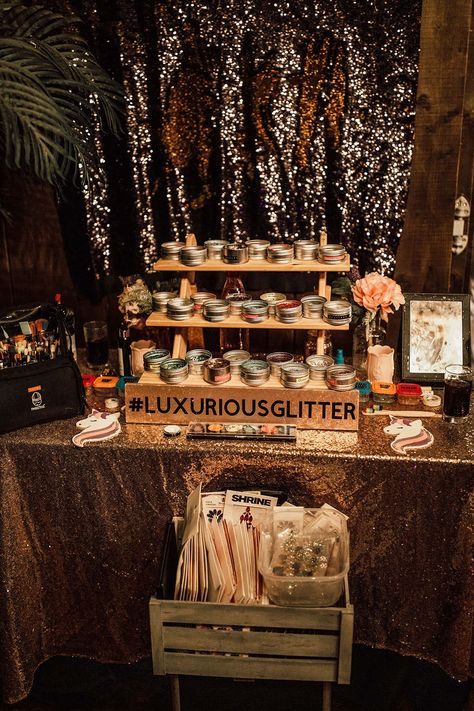 Glitter station entertainment Glitter Station Festival, Wedding Glitter Station, Glitter Station Party, Wedding Glitter Bar, Glitter Station Wedding, Gliter Bar Stand, Glitter Bar Wedding, Glitter Bar Party, Glitter Bar Ideas