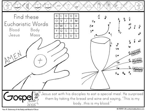 Coloring Page about the Eucharist as a part of the FREE weekly bulletin for Catholic Mass to help your kids learn at Mass. They will color, draw, read, and think about the Mass readings. This is a great addition to a Mass bag, Sunday School, CCD, or Faith Formation class. Kids will learn about the Gospel and Psalm readings, and a Catholic Saint each week. Parents and teachers can use these to help kids learn about the Catholic Mass. #catholic #catholicteacher #catholicmom Parts Of The Mass Activities, Eucharist Activities For Kids, Catholic Kindergarten Activities, Catholic Worksheets For Kids, Eucharist Craft Catholic For Kids, Ccd Activities Catholic 5th Grade, Saint Activities For Kids Catholic, Eucharist Coloring Page, Religious Education Activities Catholic