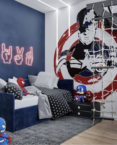 Marvel Kids Bedroom Modern, Captain America Room Ideas Boy Bedrooms, Modern Spiderman Room, Spiderman Kids Room, Eclectic Bedroom Decor, Spiderman Room Decor, Calming Decor, Spiderman Room, Eclectic Decor Bedroom