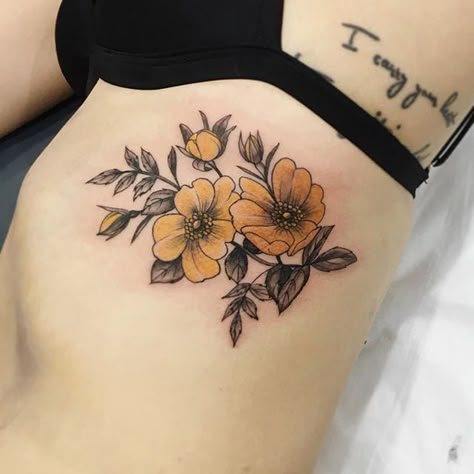 Apricot Flower Tattoo, Yellow Flower Tattoo, Yellow Flower Tattoos, Rose Bud Tattoo, Wild Rose Tattoo, Yellow Tattoo, Rose Tattoo On Arm, Artsy Tattoos, Poppies Tattoo