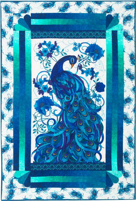 Mosaic-Plume-Quilt-Photo-opt Peacock Panel Quilt Patterns, Craftsman Quilt, Quilting Panels, Peacock Quilt, Bird Quilts, Wildlife Quilts, Quilt Panels, Panel Quilt Patterns, Quilt Borders